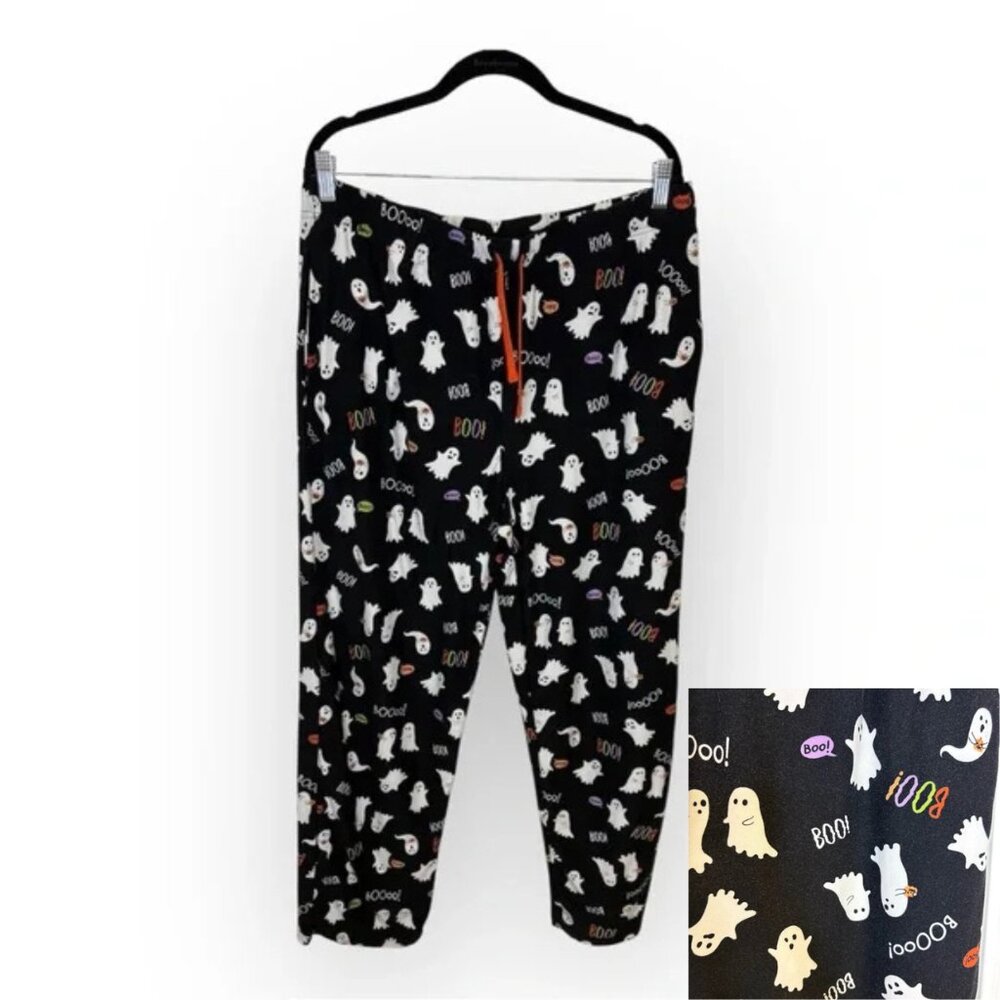 Ghost Halloween Boo Print Black Pajama Pants | Cozy Spooky Loungewear Large